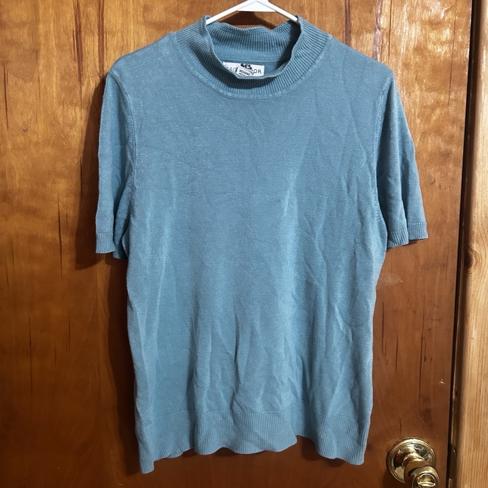 Sag Harbor Women's Medium Mockneck Green Short Sleeve Sweater Career Office